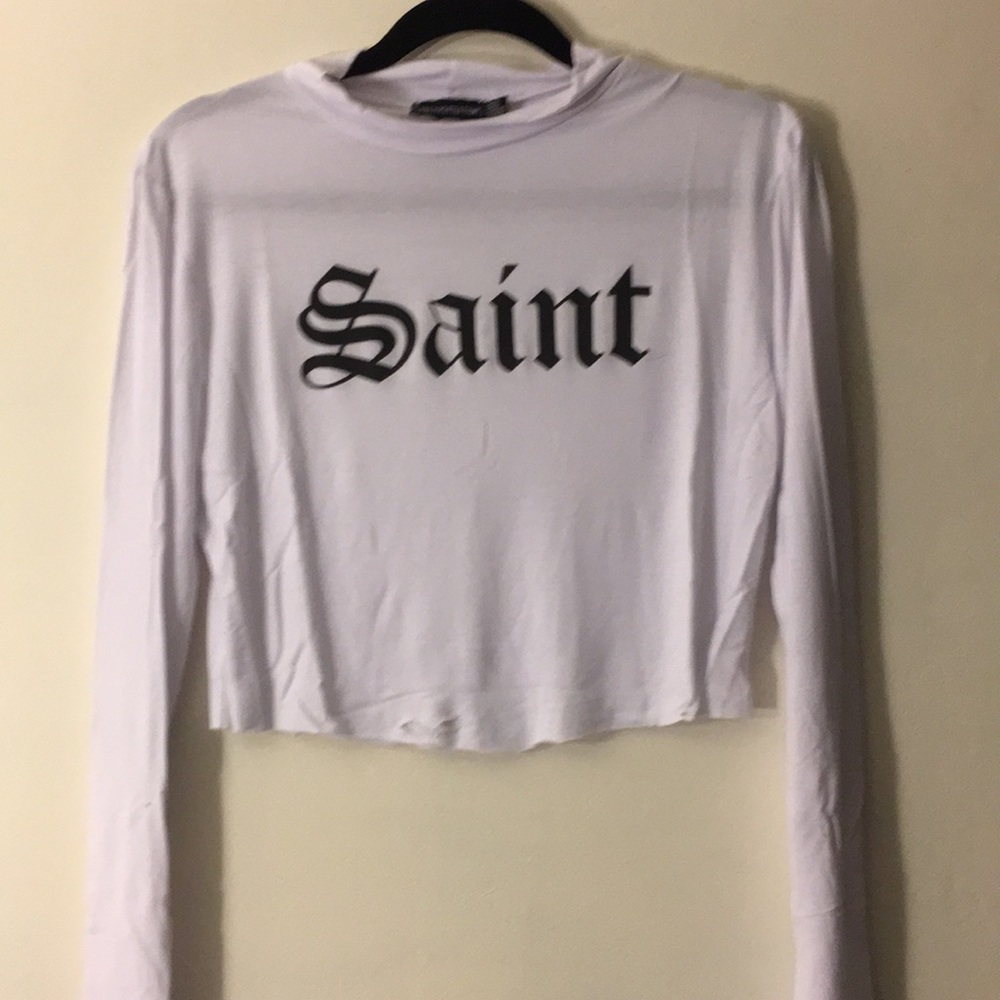 NWOT “saint” white distressed mock neck top